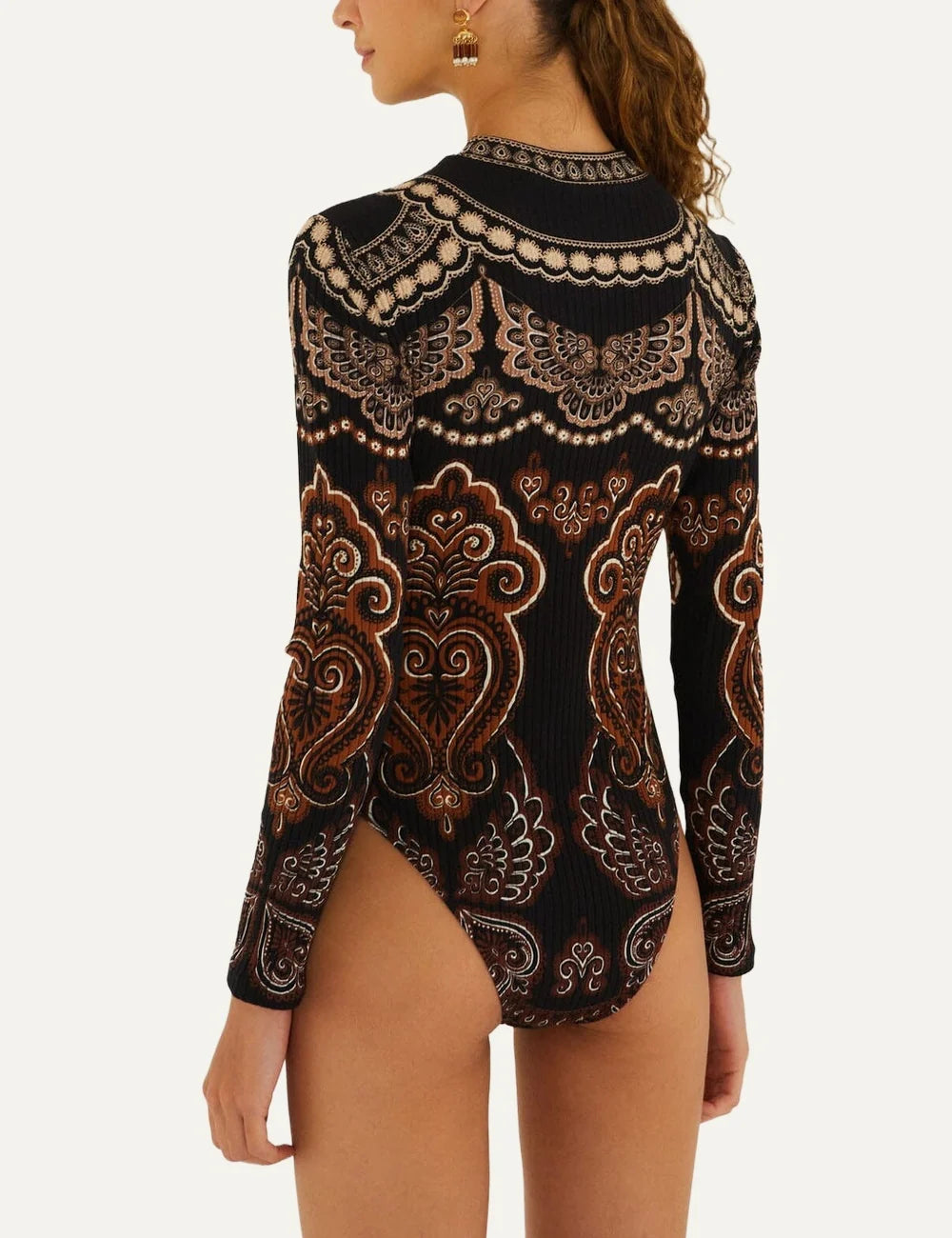  Farm Rio Women’s Black Ornamental-Print Jersey Bodysuit back view