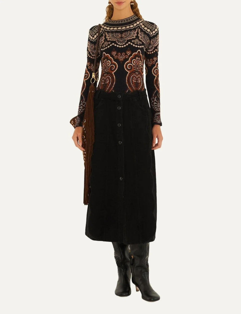  Farm Rio Women’s Black Ornamental-Print Jersey Bodysuit full look