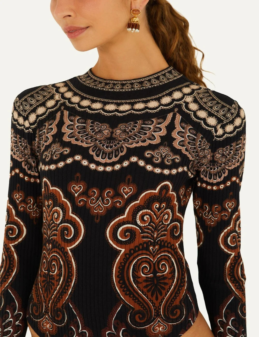  Farm Rio Women’s Black Ornamental-Print Jersey Bodysuit close up neck details