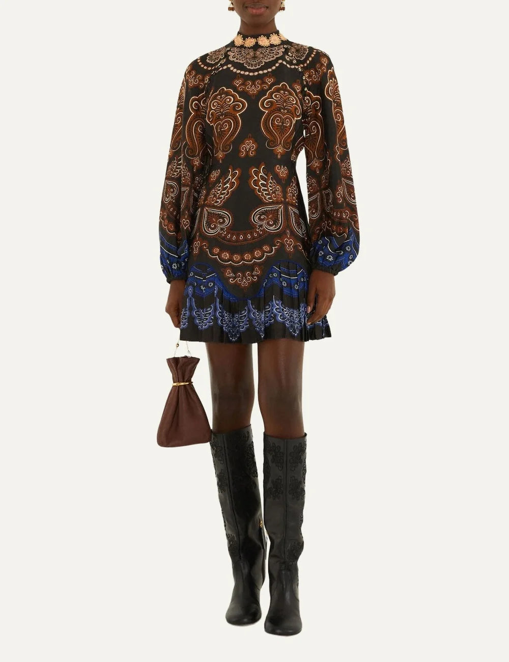Farm Rio Women’s Black Baroque-Print Ruffled Mini Dress full look front view