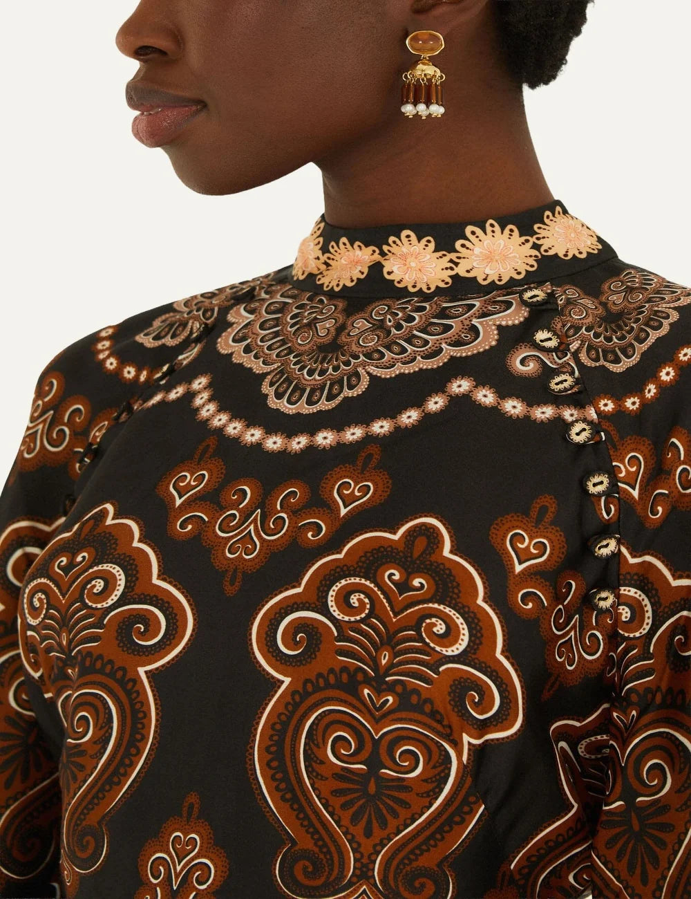 Farm Rio Women’s Black Baroque-Print Ruffled Mini Dress close up neck details