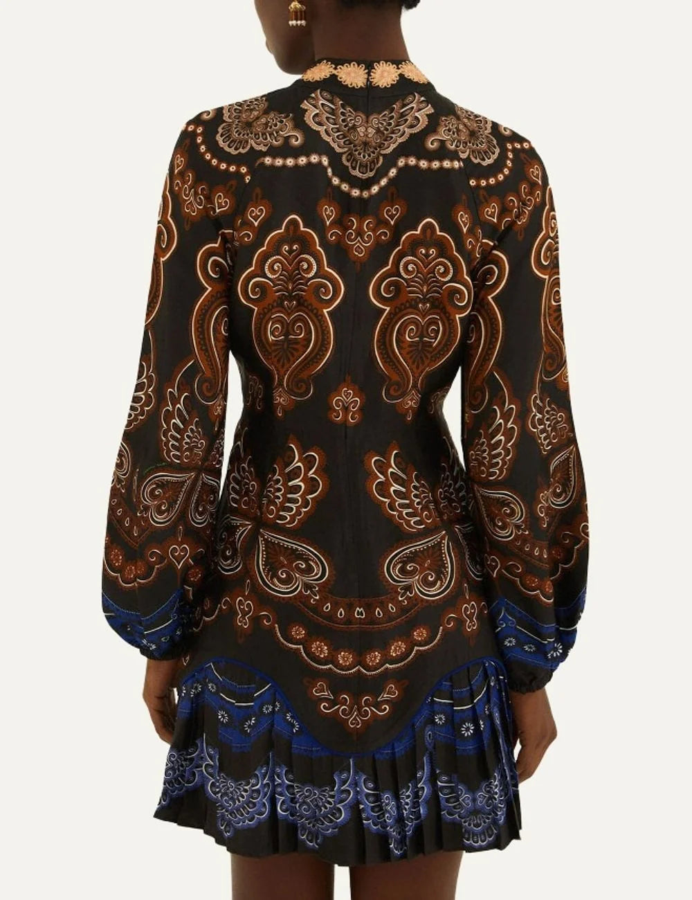 Farm Rio Women’s Black Baroque-Print Ruffled Mini Dress back view