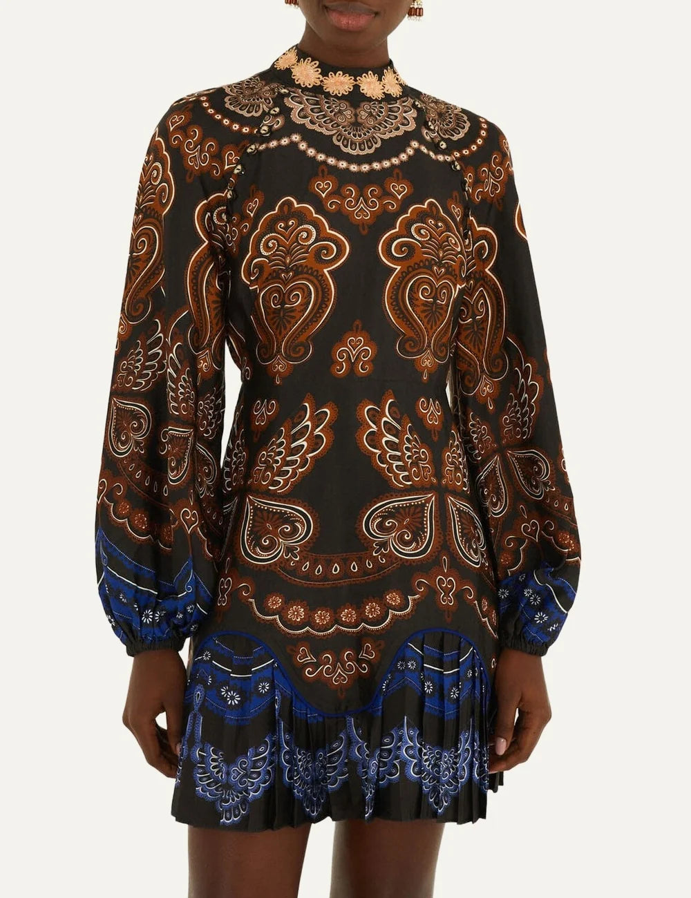 Farm Rio Women’s Black Baroque-Print Ruffled Mini Dress front view 