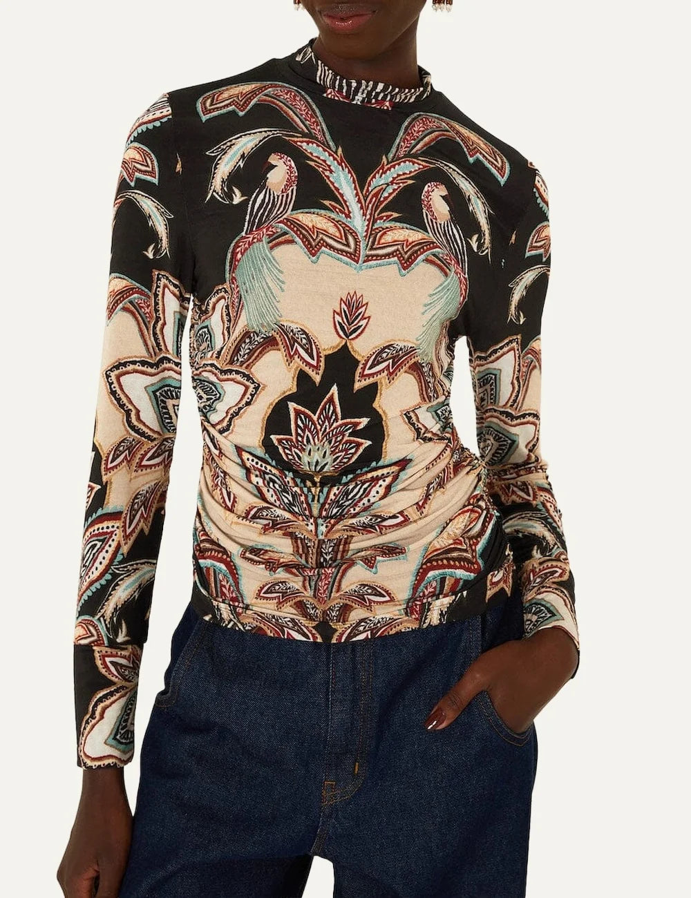  Farm Rio Women’s Multicolour Tapestry-Print Jersey Blouse front view on model