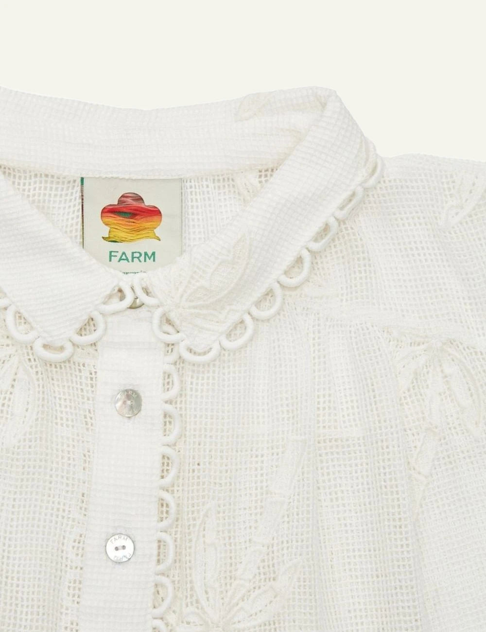 Farm Rio white palm trees shirt embroidery short sleeve front detail view
