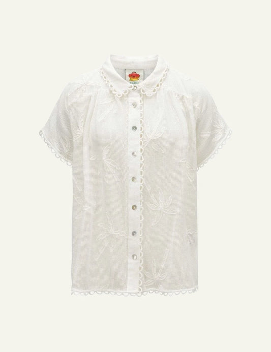 Farm Rio white palm trees shirt embroidery short sleeve front view