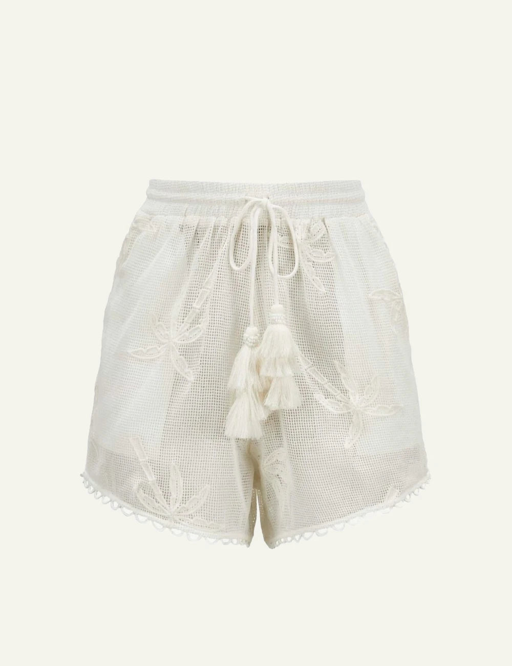 Farm Rio white palm trees shorts tassel detail front view.