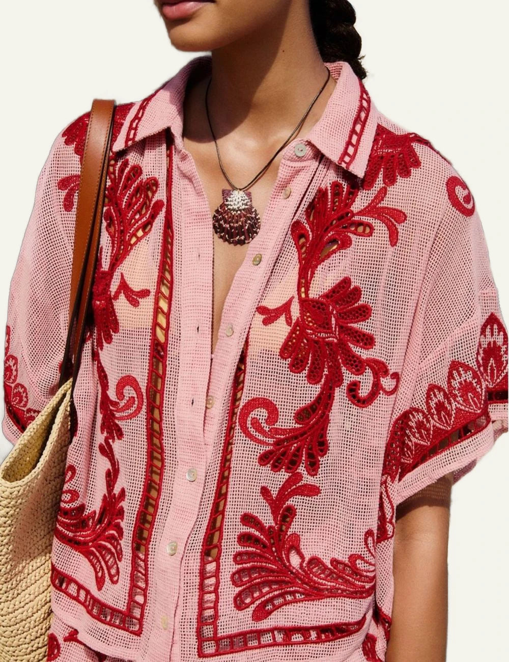 Farm Rio arabesque blouse light pink embroidery short sleeve front model detail view