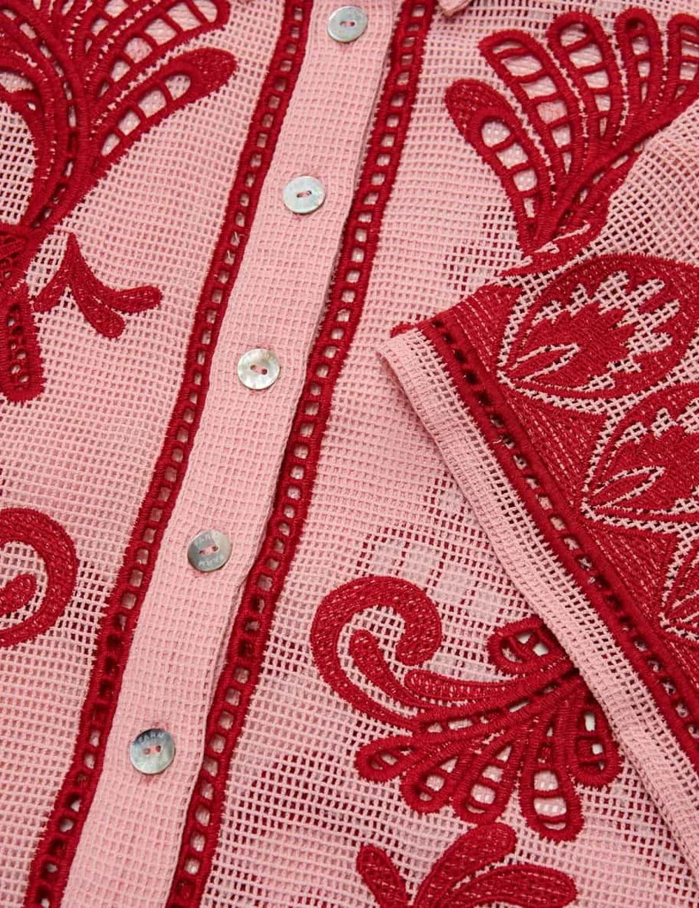 Farm Rio arabesque blouse light pink embroidery short sleeve detail view