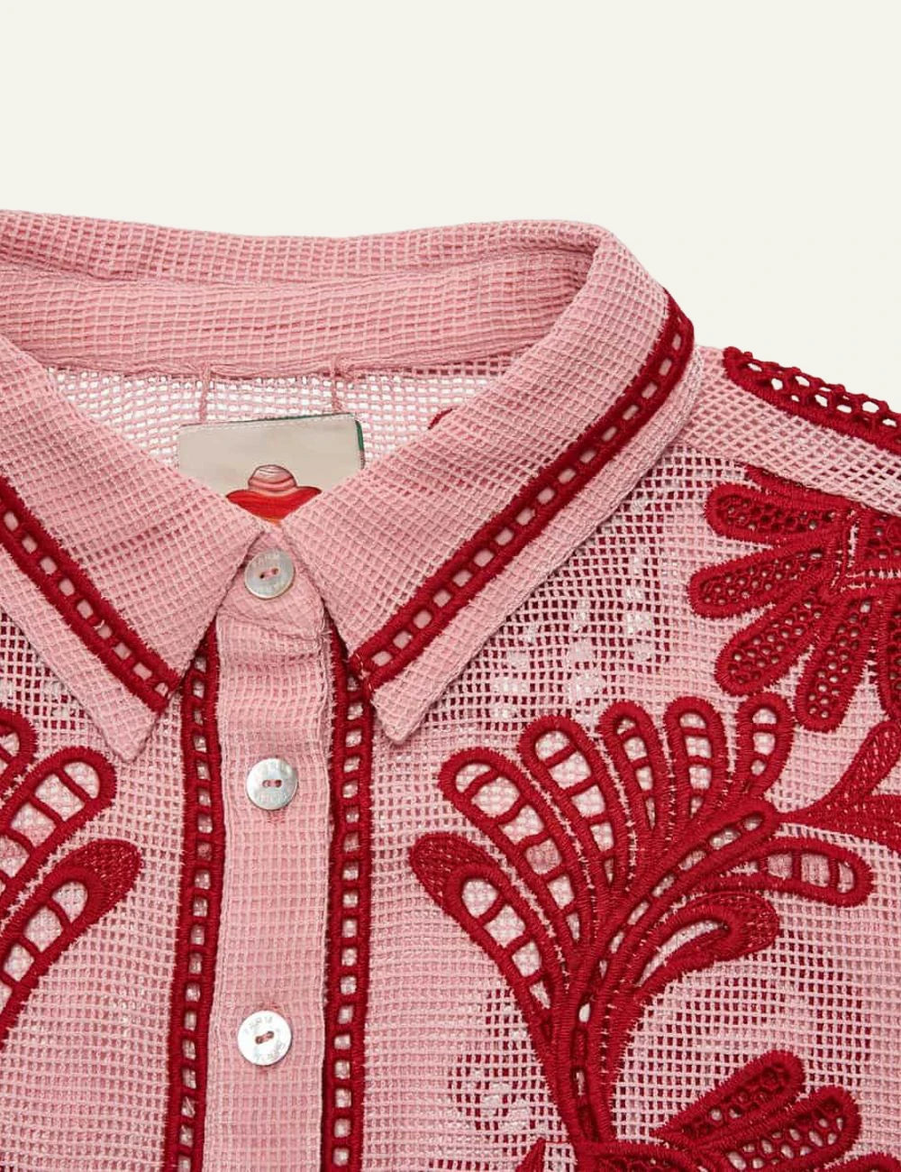 Farm Rio arabesque blouse light pink embroidery short sleeve front detail view