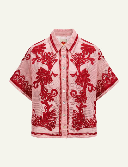 Farm Rio arabesque blouse light pink embroidery short sleeve front flat view