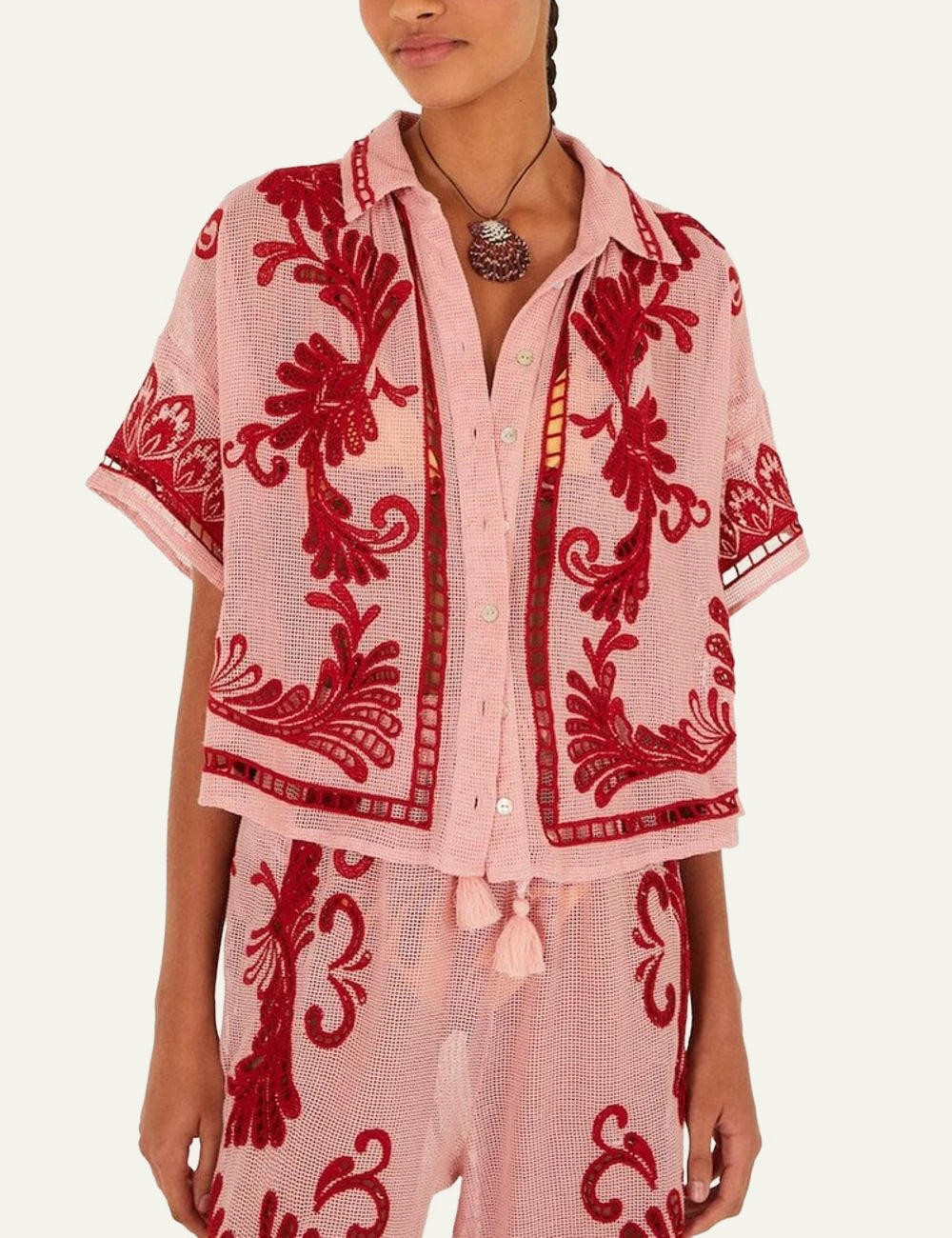 Farm Rio arabesque blouse light pink embroidery short sleeve front model view