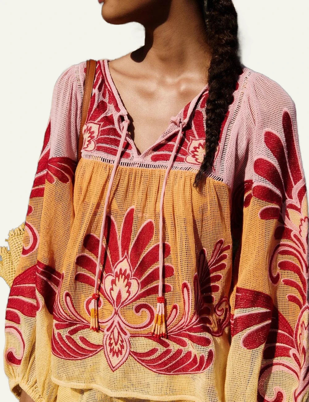 Farm Rio arabesque blouse soft yellow ruffle sleeves beach look front detail view