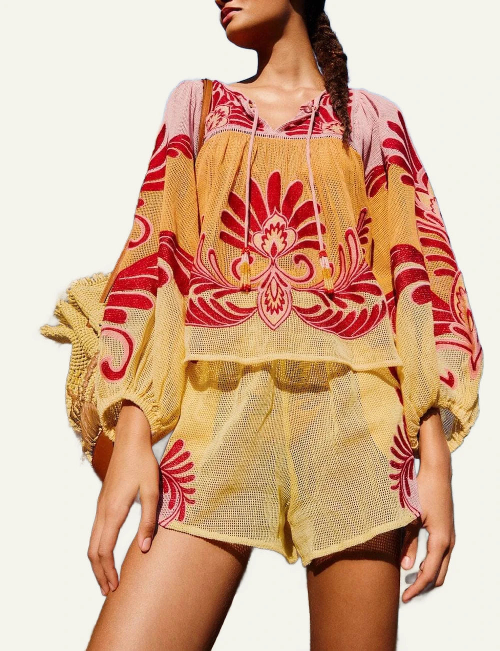 Farm Rio arabesque blouse soft yellow ruffle sleeves beach look front model view