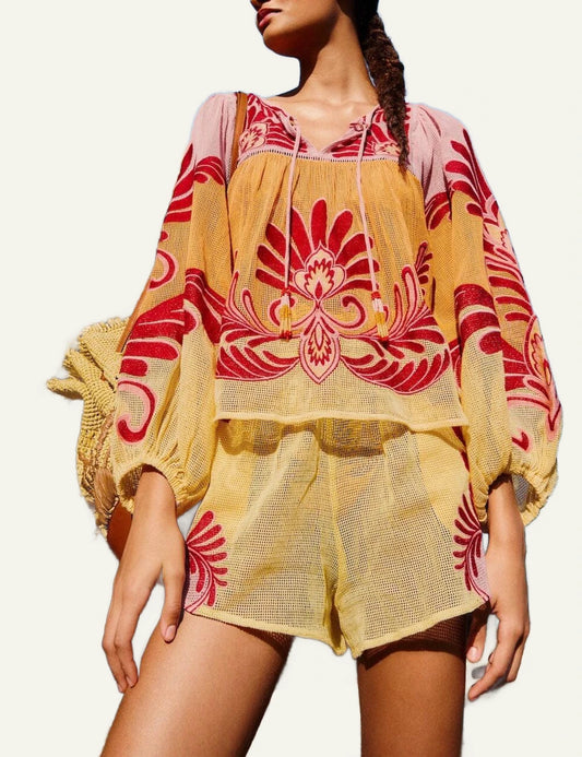 Farm Rio arabesque blouse soft yellow ruffle sleeves beach look front model view