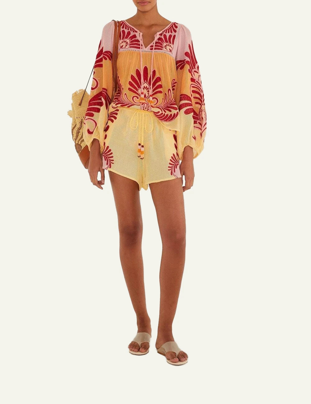 Farm Rio arabesque blouse soft yellow ruffle sleeves beach look front full body view