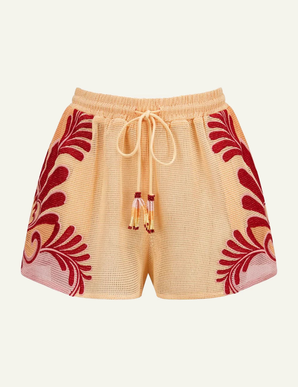 Farm Rio arabesque shorts soft yellow beach look worn front flat view