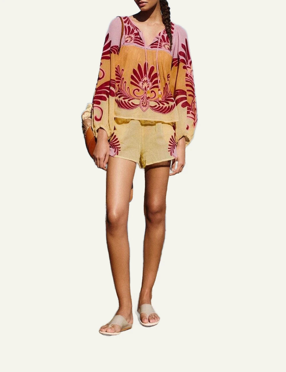 Farm Rio arabesque shorts soft yellow beach look worn front full body view