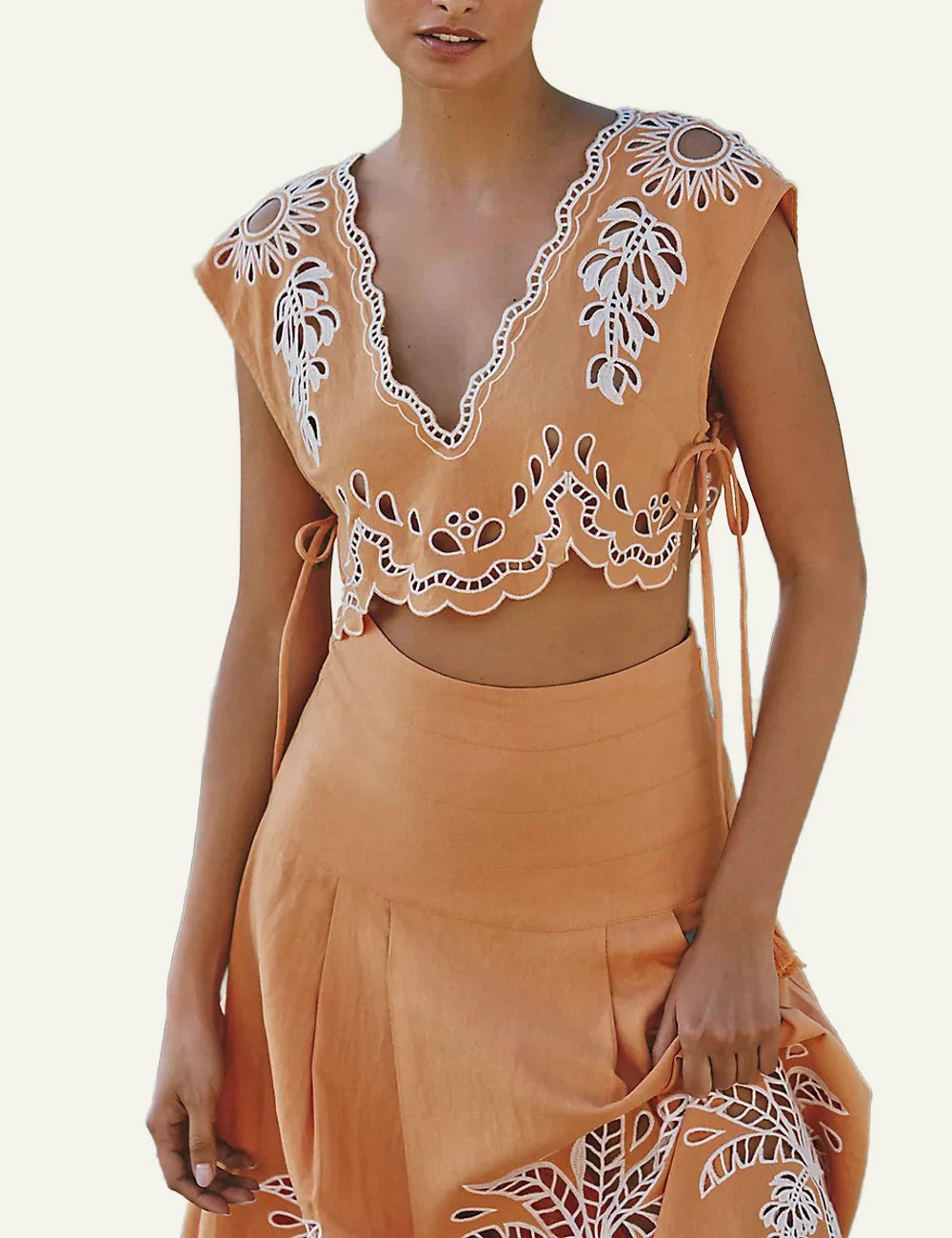 Farm Rio banana tree blouse camel embroidery sleeveless v neck front detail model view