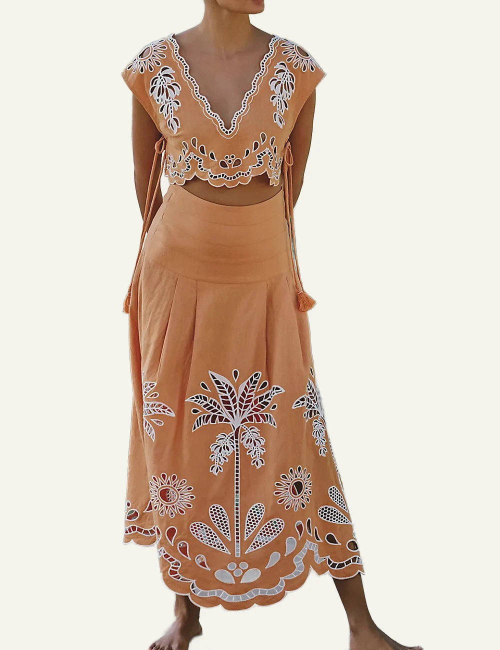 Farm Rio banana tree blouse camel embroidery sleeveless v neck front model view