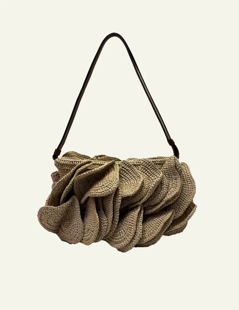 Farm Rio beige raffia shoulder bag with floral ruffle texture front view