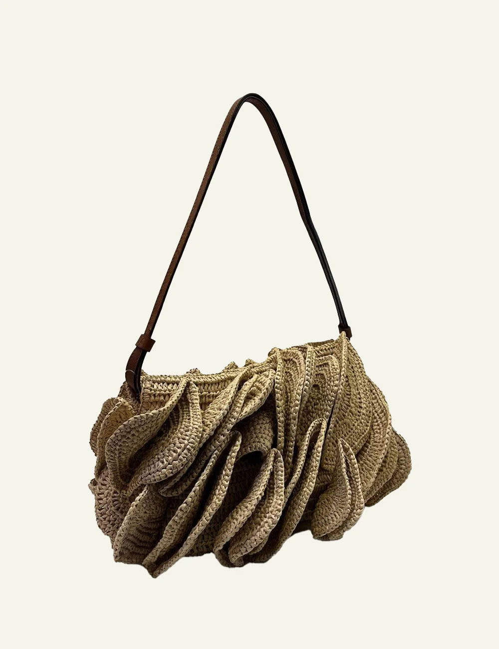 Farm Rio beige raffia shoulder bag with floral ruffle texture side view