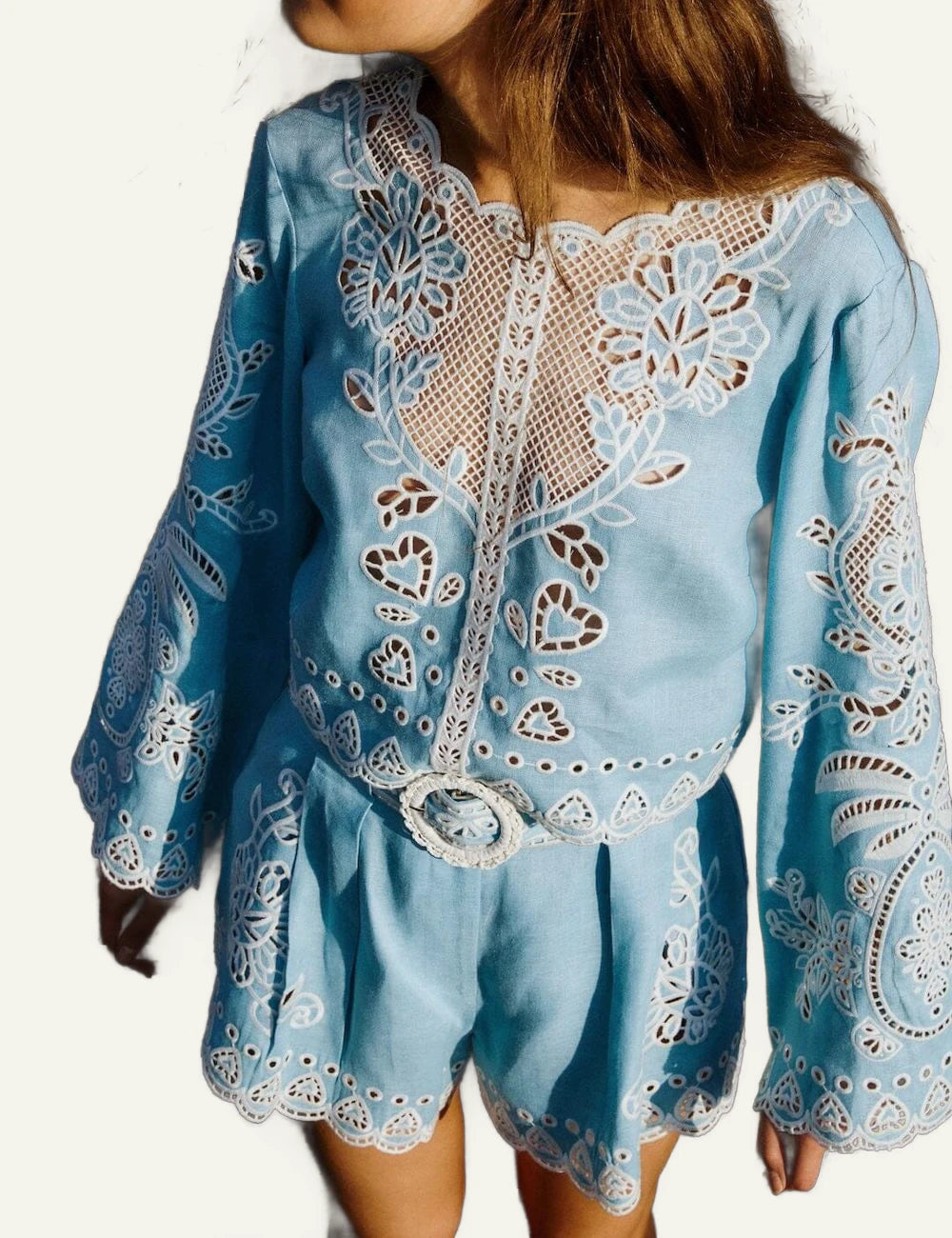 Farm Rio blue blouse top view