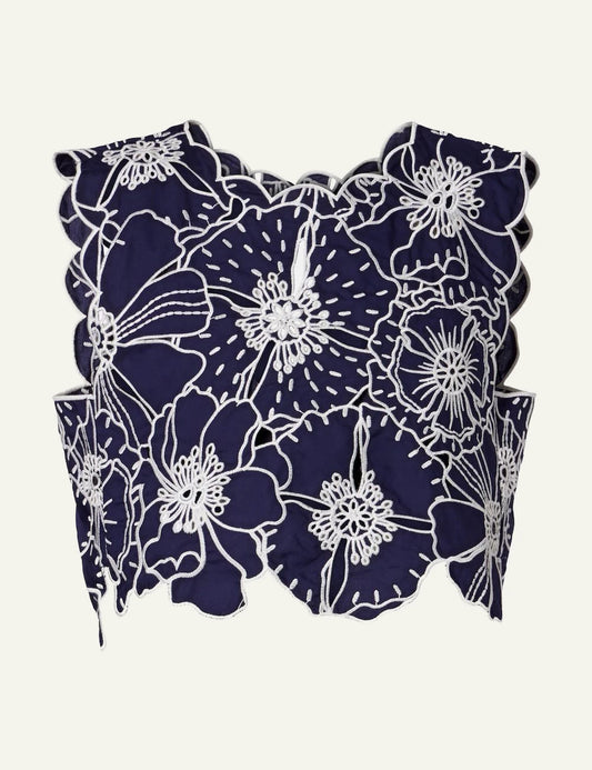 Farm Rio blue flowers richelieu crop top navy embroidered front flat view