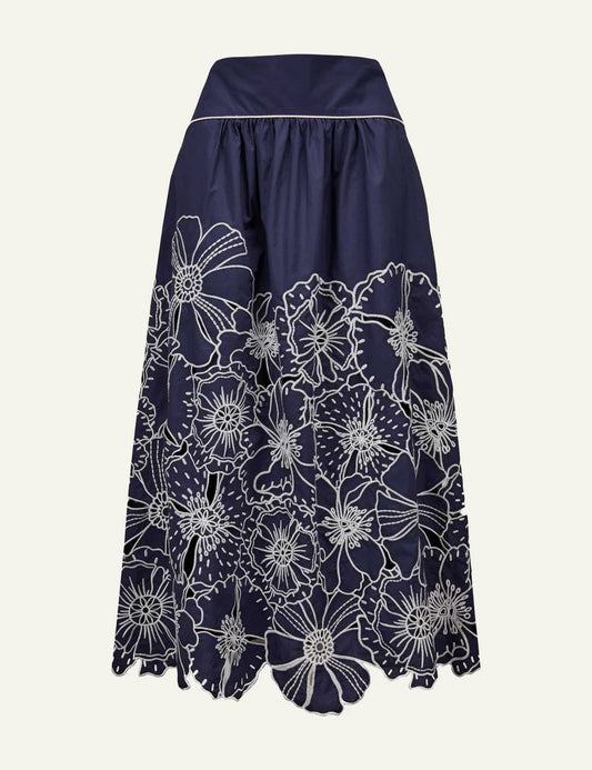 Farm Rio blue flowers richelieu maxi skirt navy embroidered front flat view