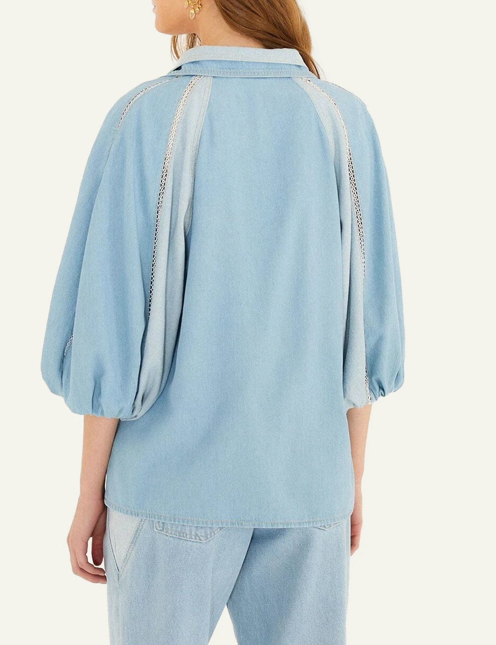 Farm Rio bicolor denim shirt back view puff sleeves