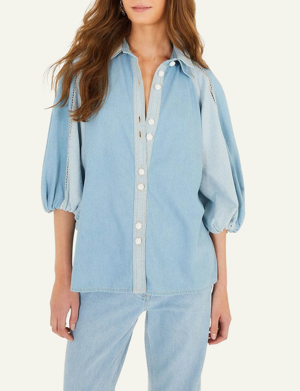 Farm Rio denim bicolor puff sleeve shirt front view