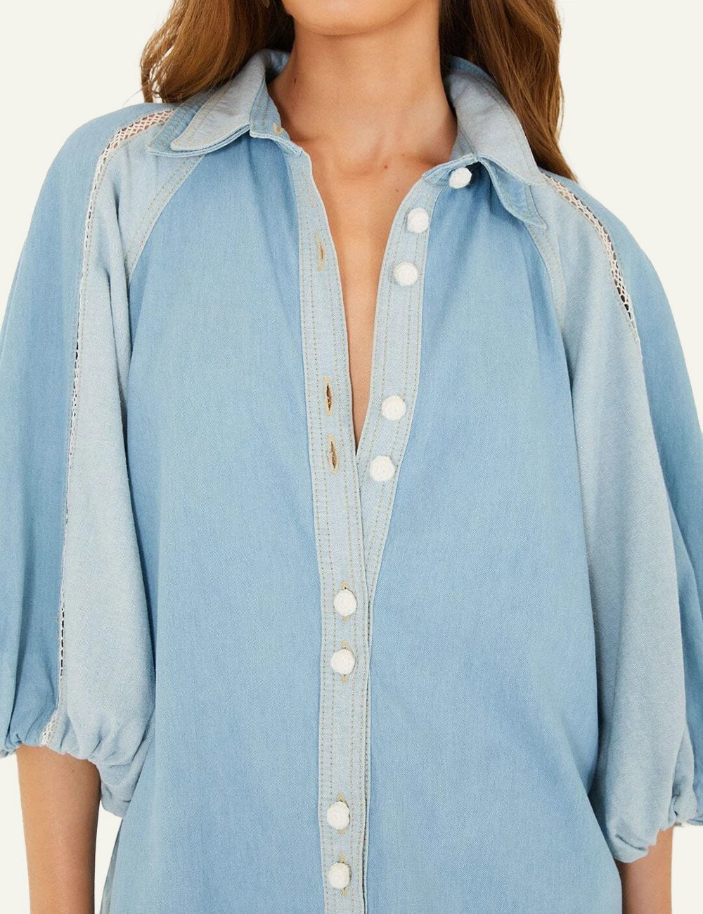 Farm Rio puff sleeve denim shirt detail buttons collar