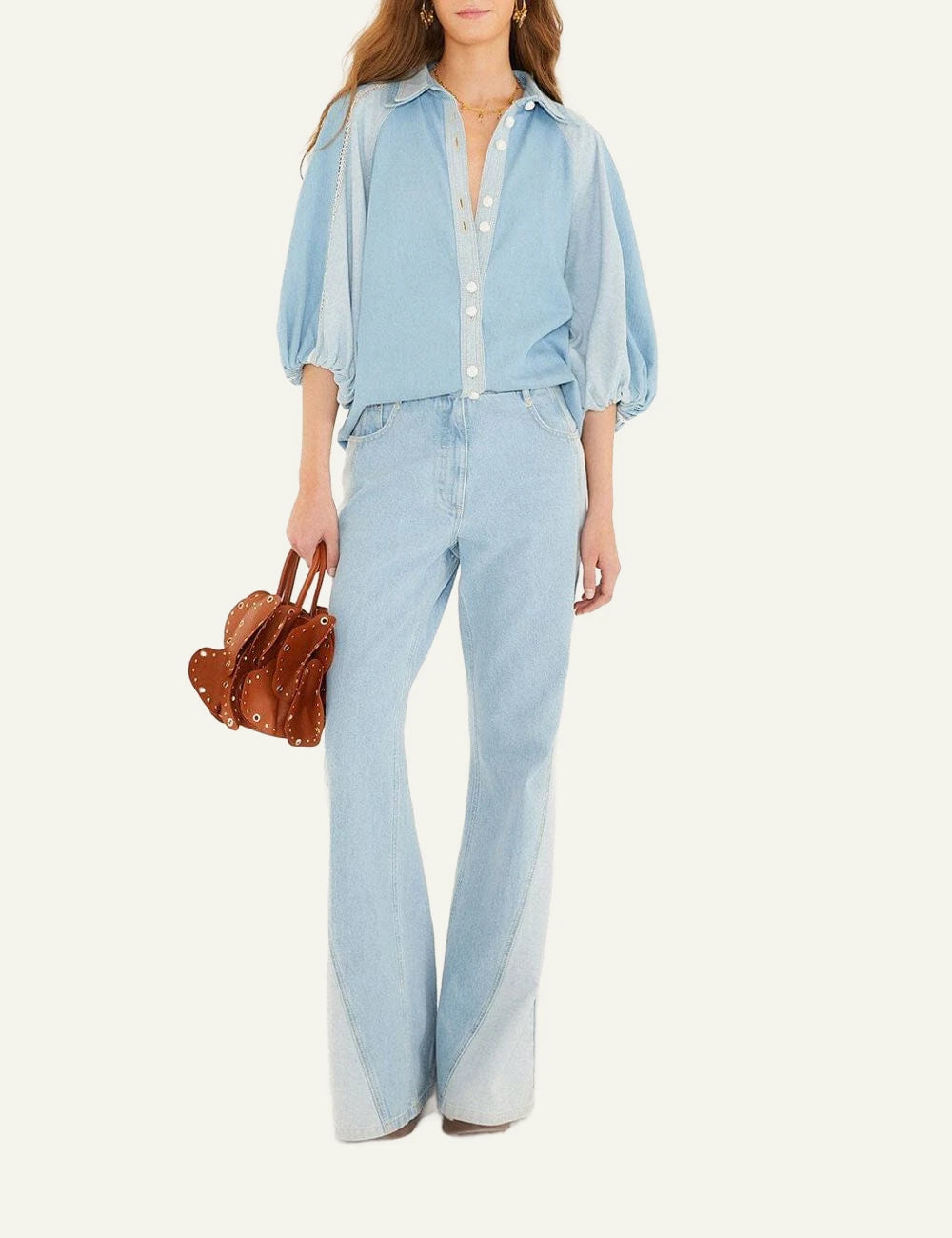 Farm Rio denim bicolor shirt full outfit styling