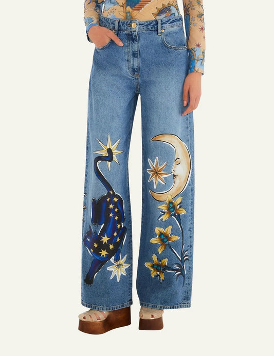 Farm Rio denim mystical wide leg pants indigo print moon stars front model view