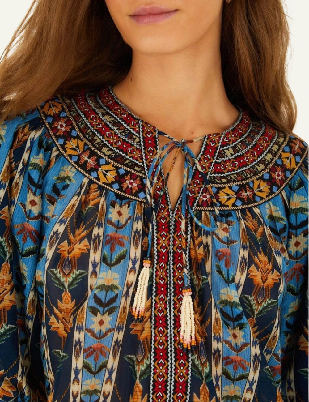 Farm Rio embroidered tapestry blouse blue puff sleeves tassels front detail view