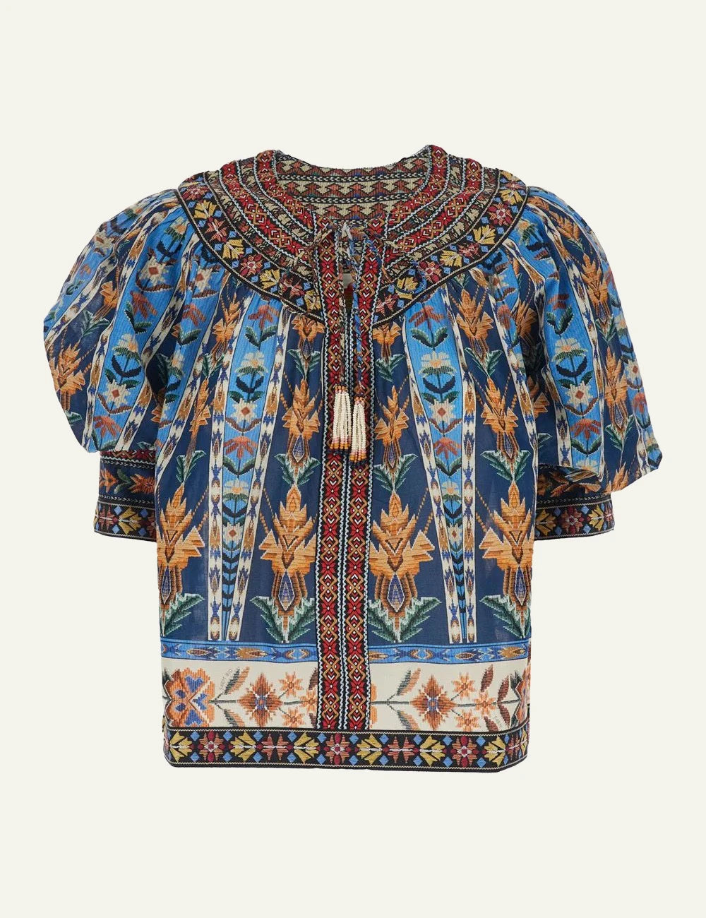 Farm Rio embroidered tapestry blouse blue puff sleeves tassels front flat view