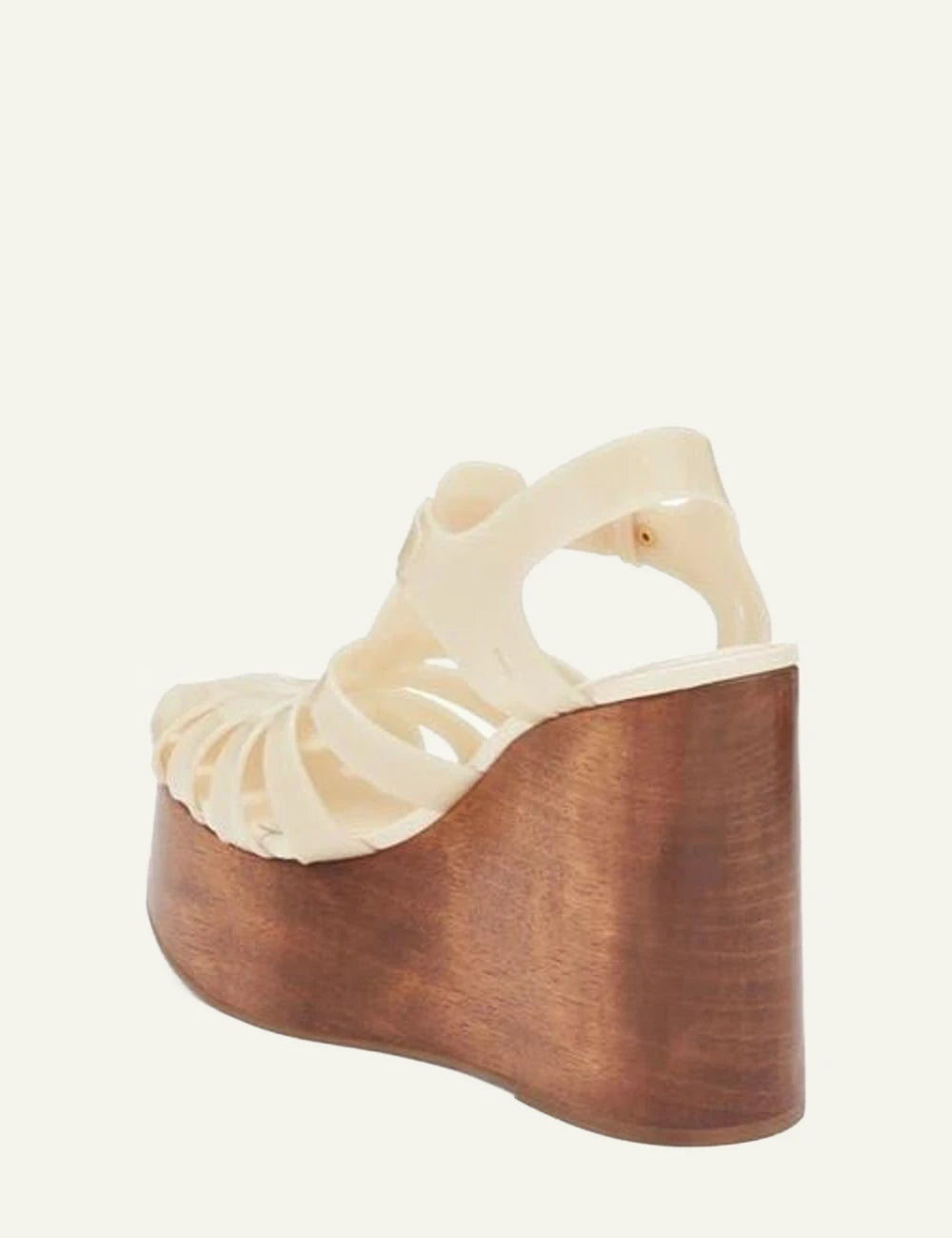 Farm Rio fisherman jelly wedge sandal ivory side view wooden platform back view