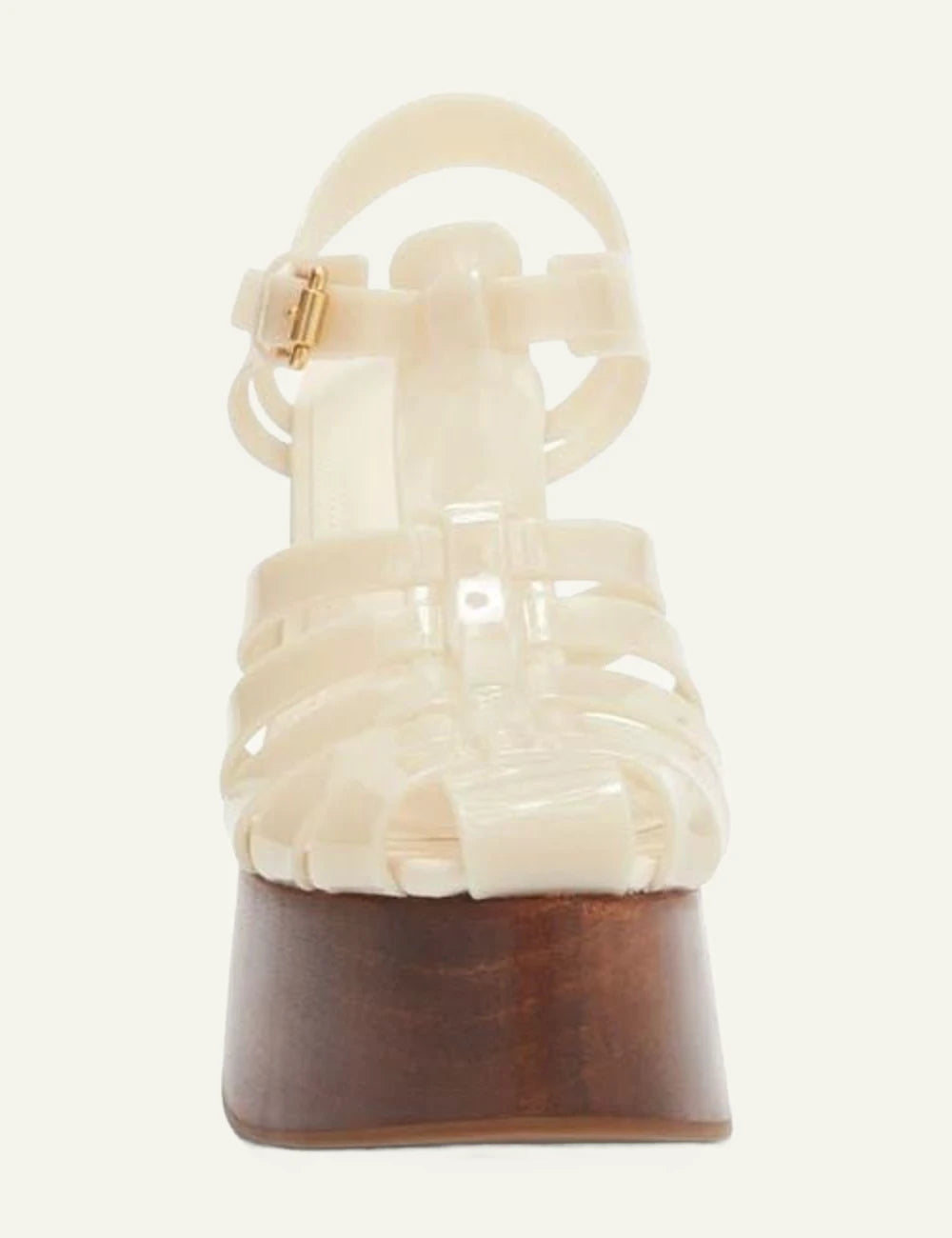 Farm Rio fisherman jelly wedge sandal ivory side view wooden platform front view