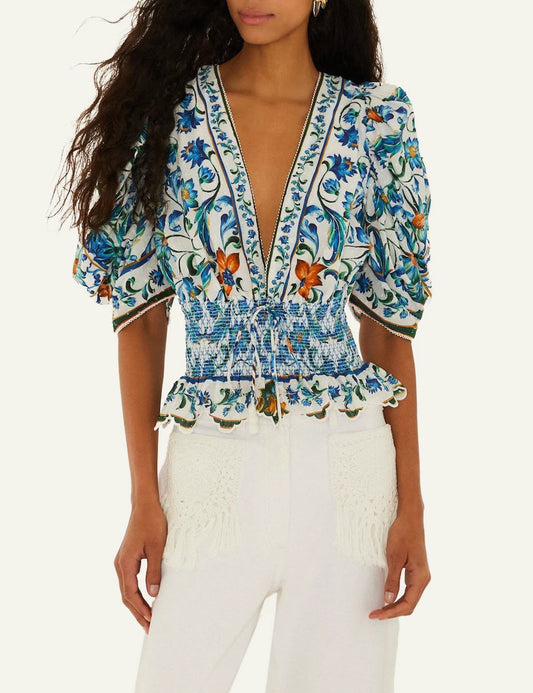 Farm Rio flora tile smocked blouse off white floral front model view