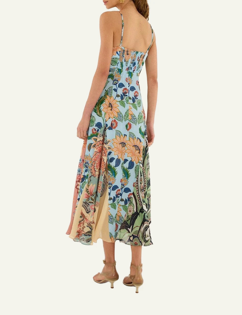 Farm Rio floral maxi dress light blue sleeveless sweetheart neckline back view