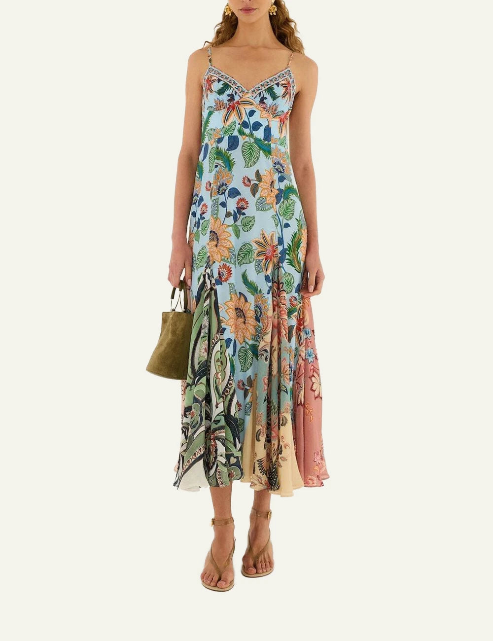 Farm Rio floral maxi dress light blue sleeveless sweetheart neckline full body view