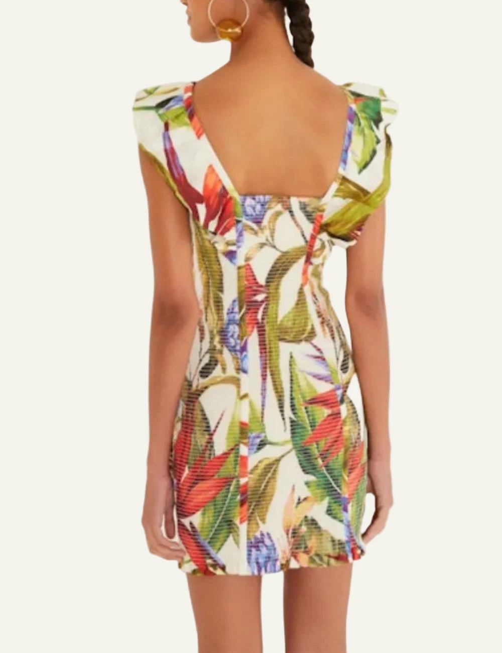 Farm Rio florart mini dress sand tropical print square neckline back view