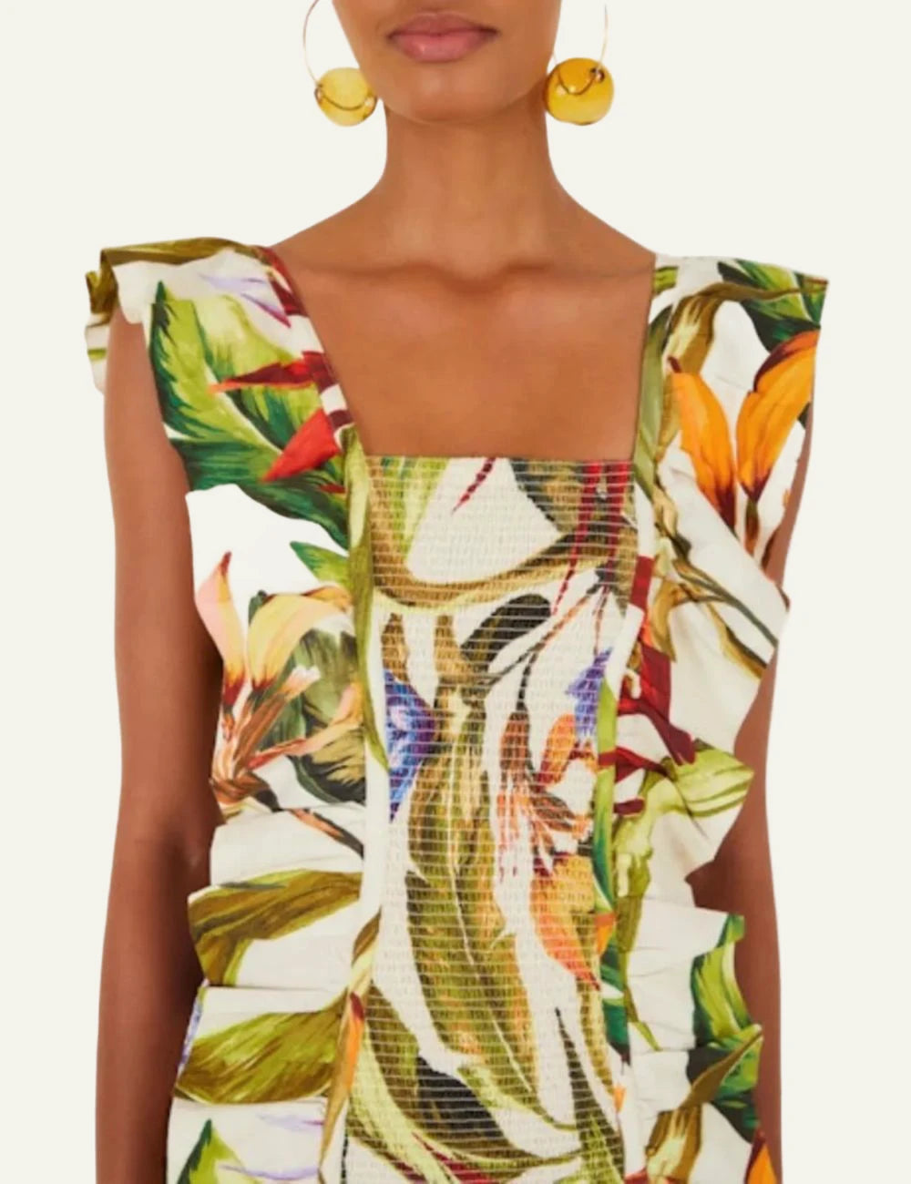 Farm Rio florart mini dress sand tropical print square neckline front detail view