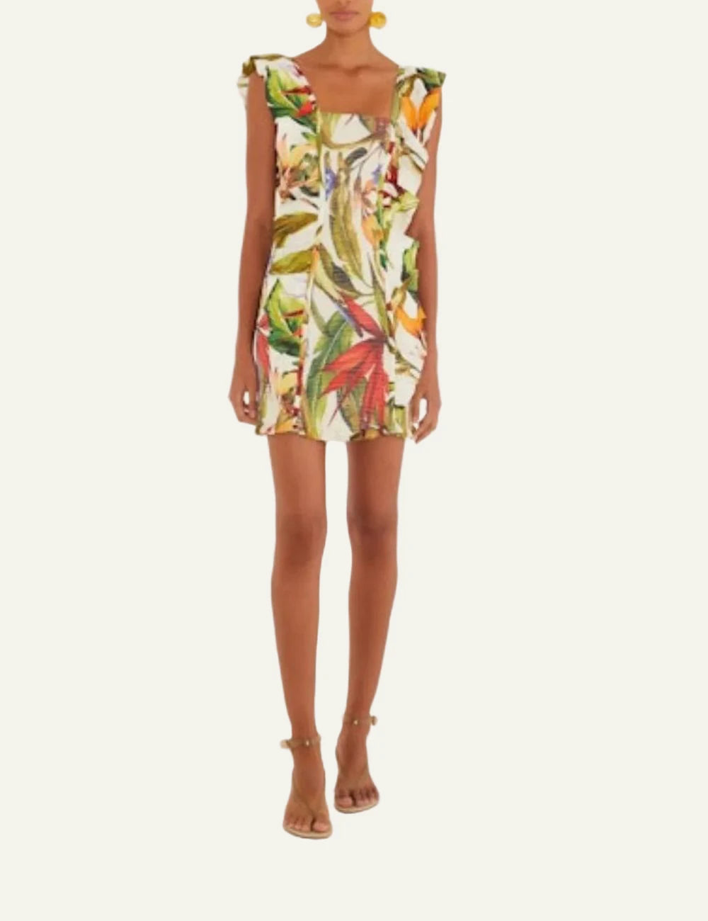Farm Rio florart mini dress sand tropical print square neckline front full body view