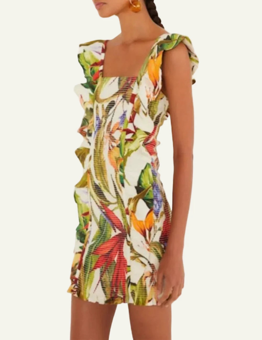 Farm Rio florart mini dress sand tropical print square neckline side view
