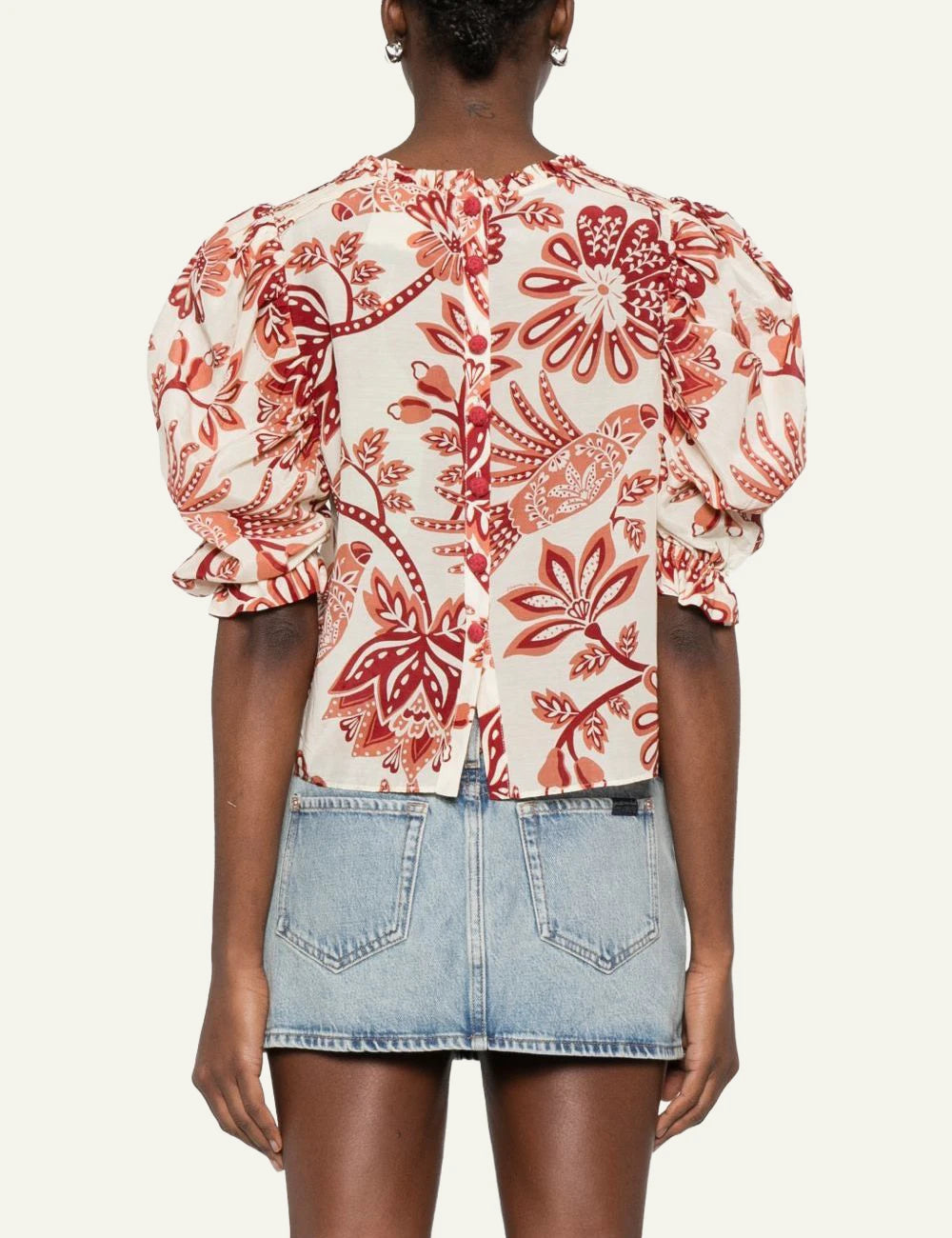 Farm Rio flowerful birds blouse red floral print long sleeve back view