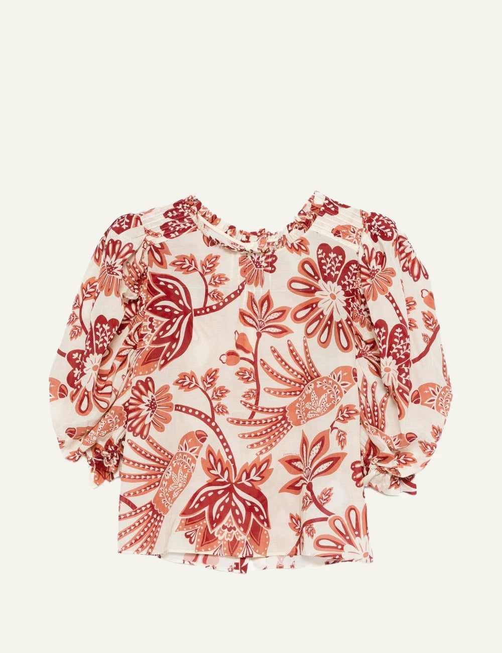 Farm Rio flowerful birds blouse red floral print long sleeve front view