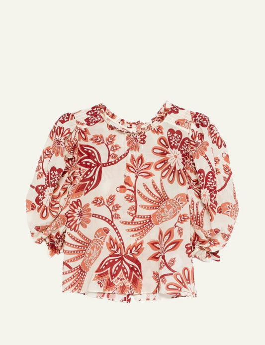 Farm Rio flowerful birds blouse red floral print long sleeve front view