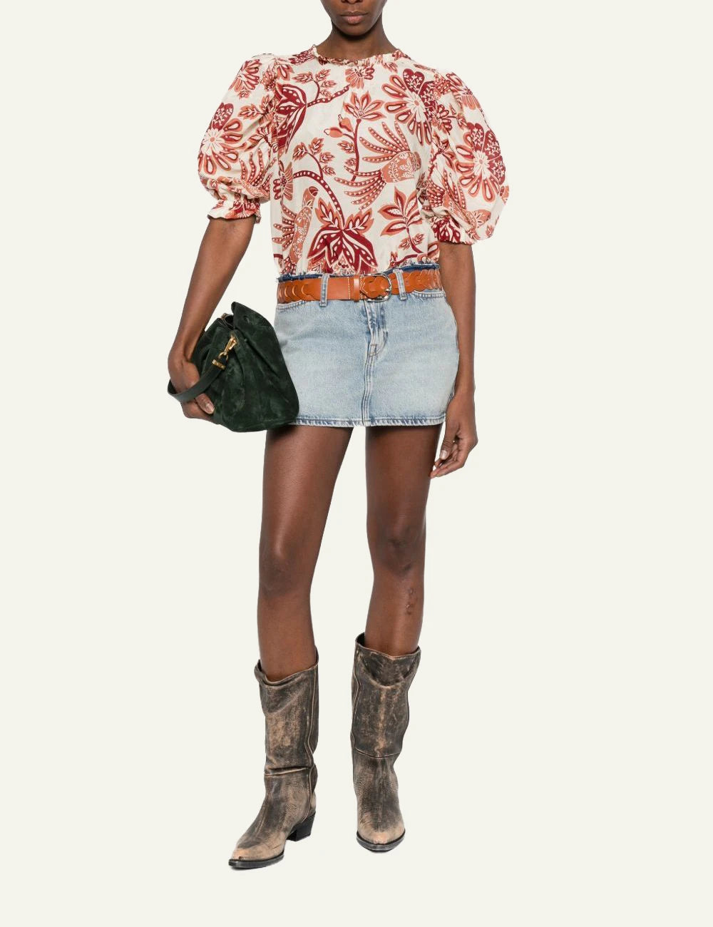 Farm Rio flowerful birds blouse red floral print long sleeve full body view
