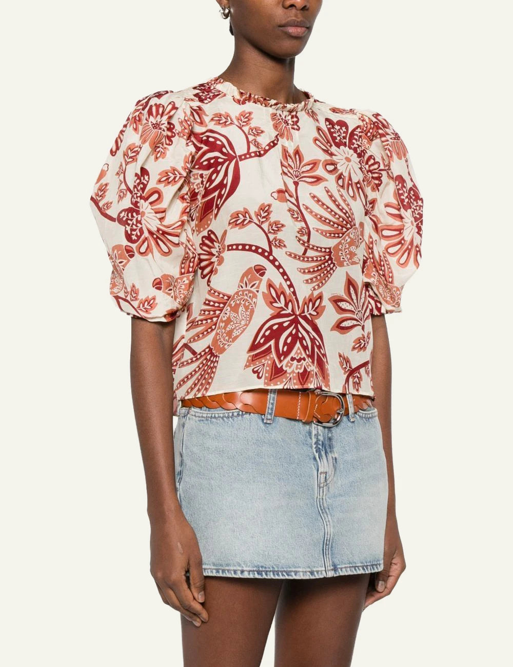 Farm Rio flowerful birds blouse red floral print long sleeve side view